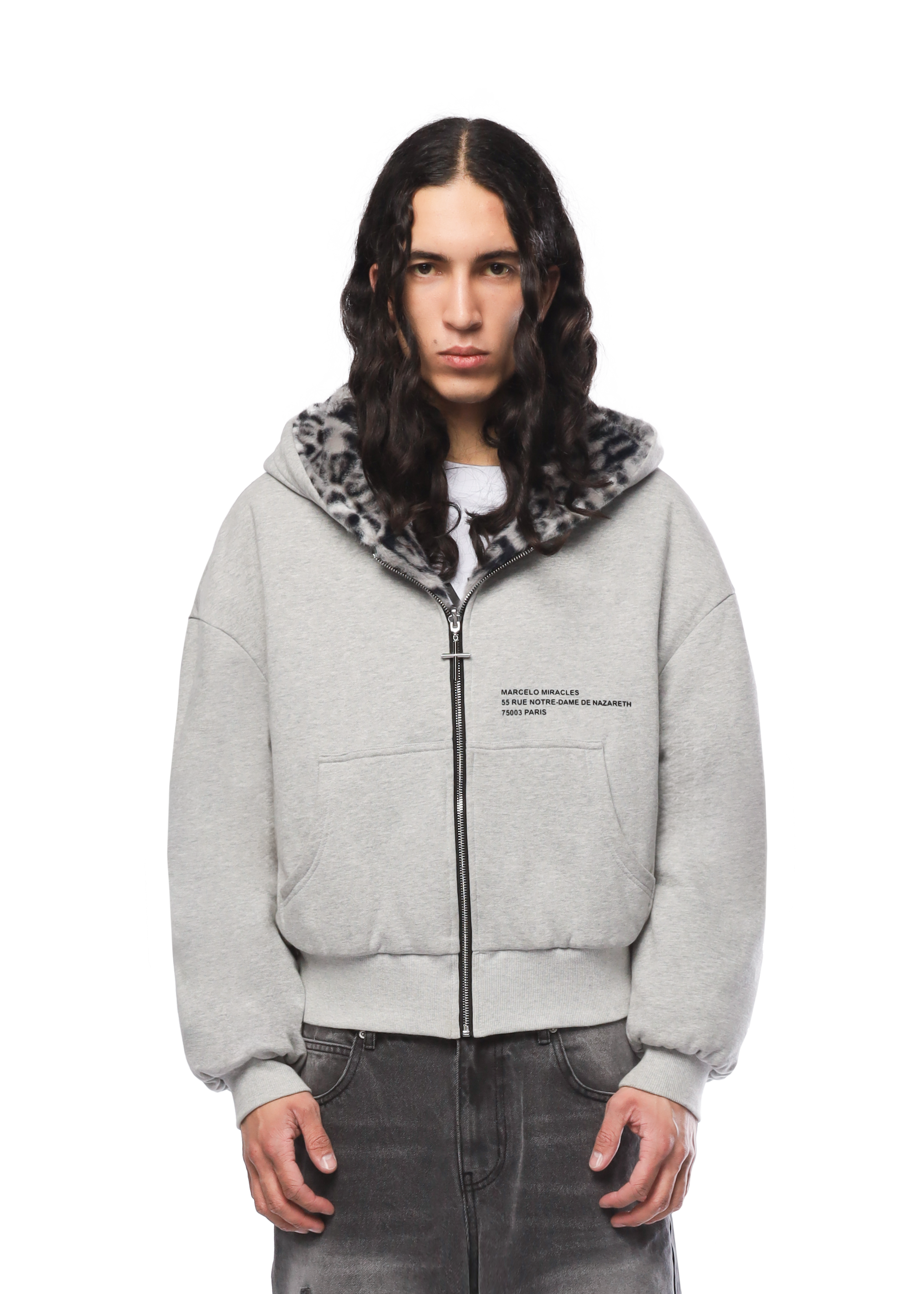 REVERSIBLE FUR ZIP HOODIE in GREY