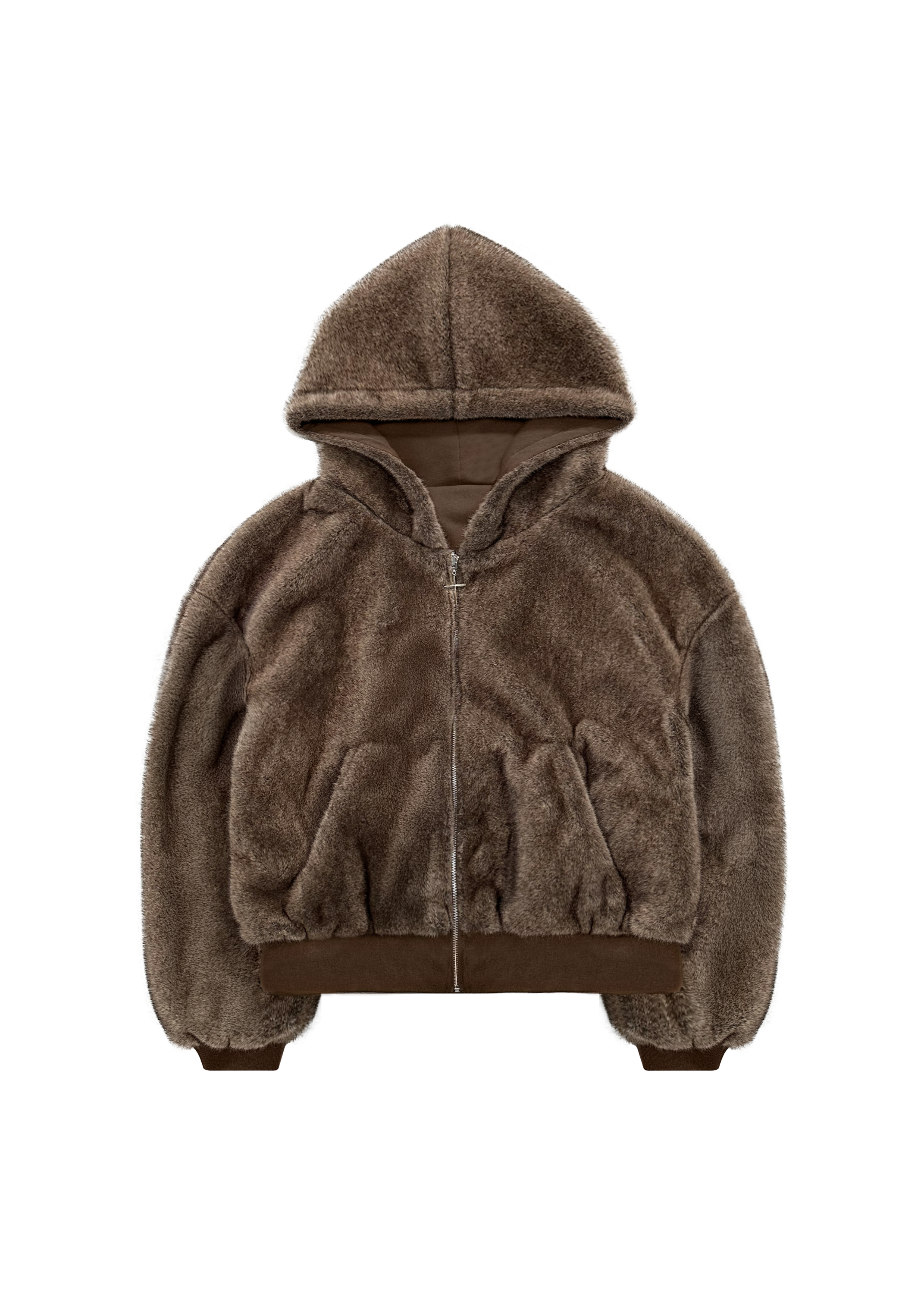 REVERSIBLE FUR ZIP HOODIE in BROWN