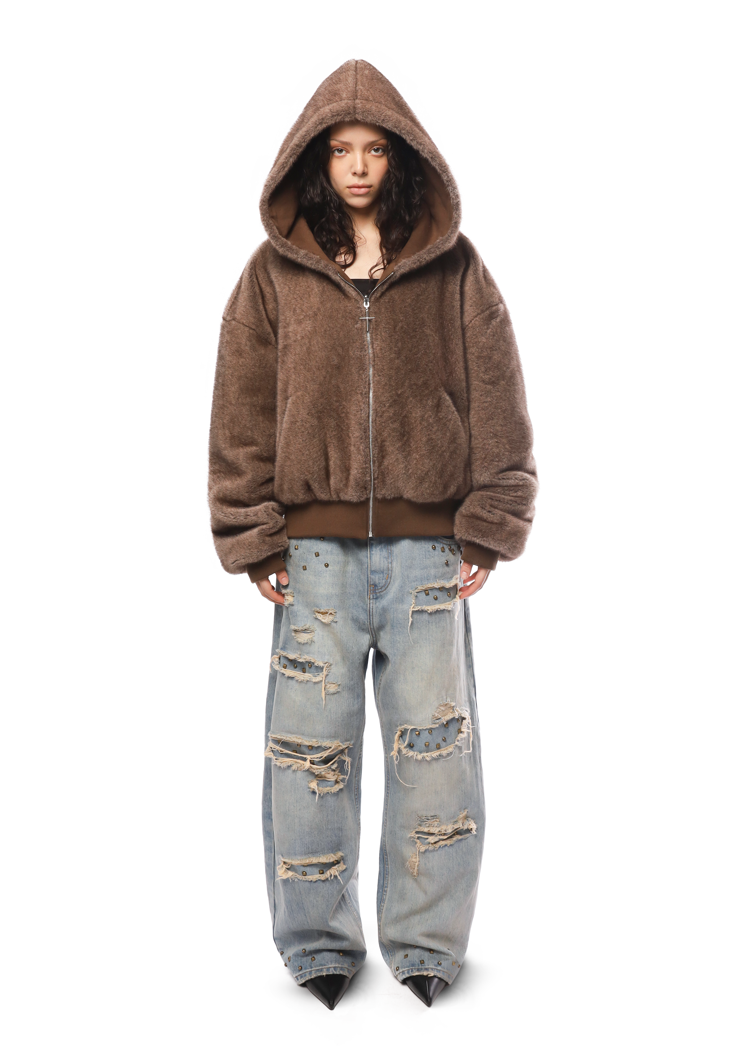 REVERSIBLE FUR ZIP HOODIE in BROWN