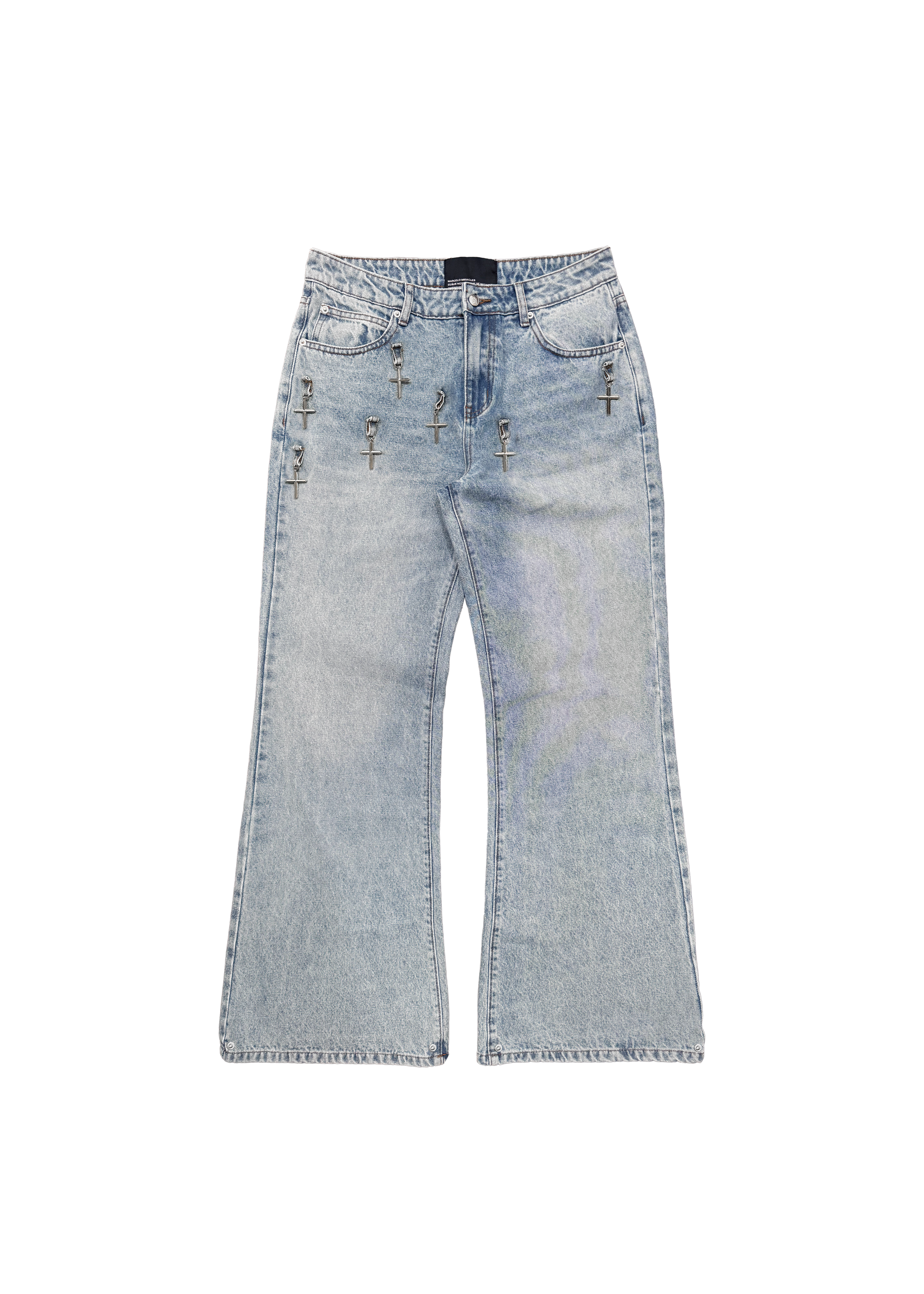FLARED CROSS CHARM DENIM in BLUE